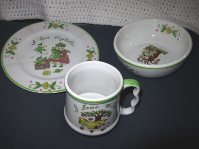 L & M Liper Mine Bond Ware Cow under Apple Tree I Love Milk Mug Green Bowl Plate
