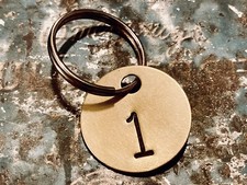 Number 1 Tag Brass Metal Keychain Stamped Fob Key Ring ID Anniversary Milestone