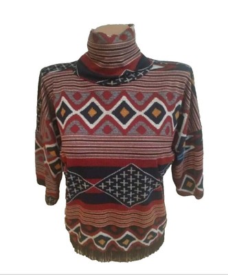 Cache Cache Light Knit Cropped Top M Fringe Boho Geometric Thin Spring Sweater