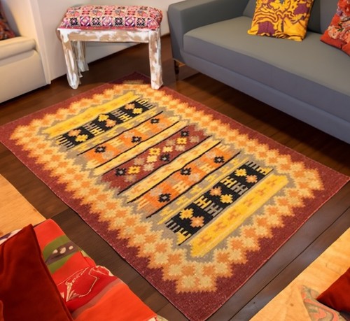 Orange Geometric Rug Natural Cotton Jute Blend Fringed Kilim Area Rugs - Picture 2 of 6