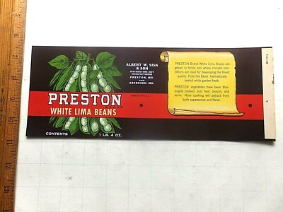 Preston White Lima Beans Label. 1950s. Preston and Aberdeen, Md.  4 1/4 x 11 1/8