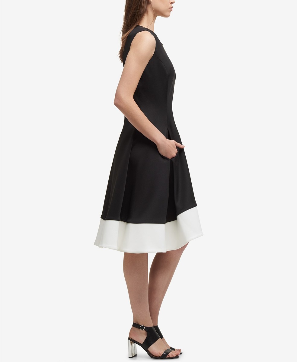 DKNY Womens Black White Zippered Fit & Flare Color Block