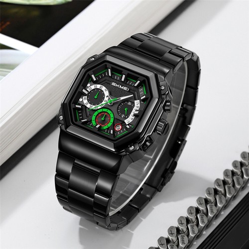 SKMEI Men Steel Watch Rectangle Quartz Wristwatch Multifunction Male Black Watch - Picture 6 of 26