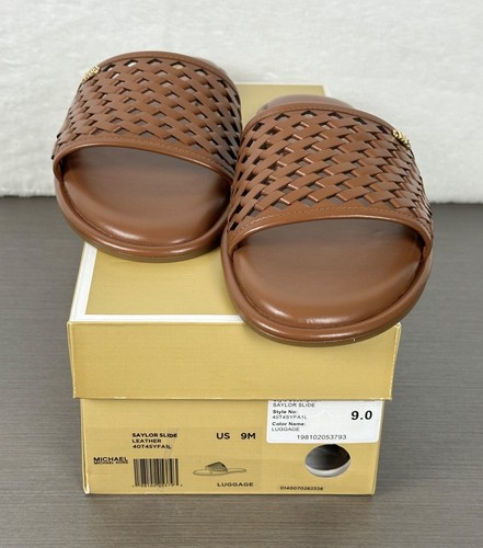 Sandalias Michael Kors para mujer equipaje marrón Saylor Slide de cuero talla 9M nuevas con etiquetas $145 - Imagen 13 de 15