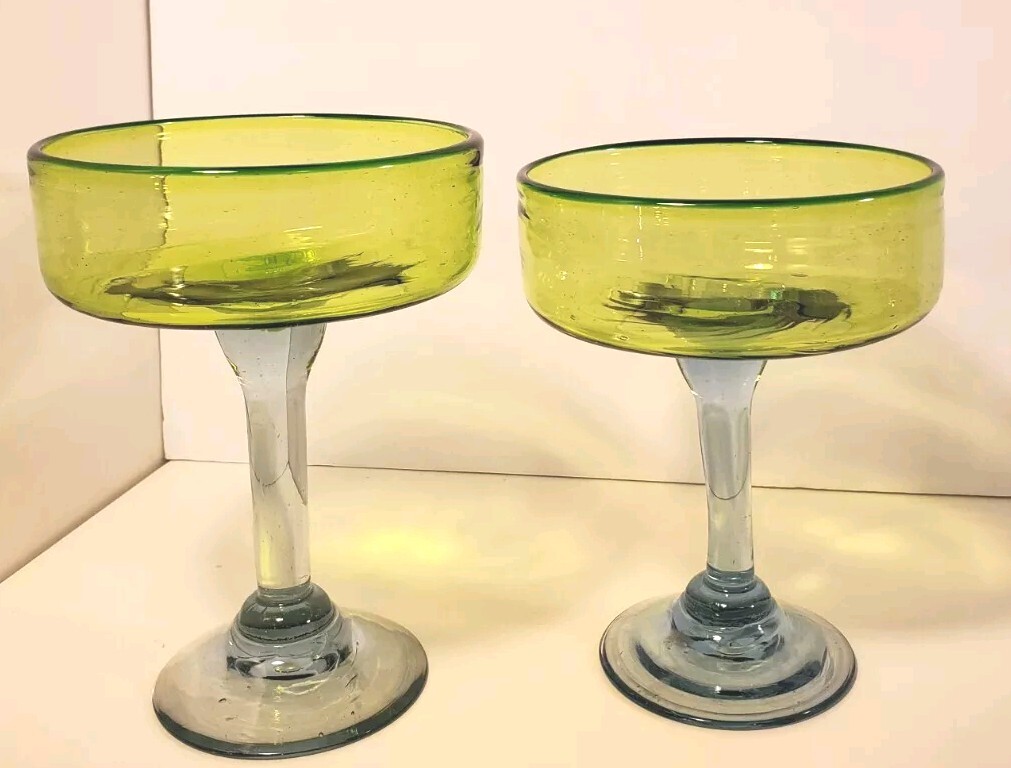 Margarita Cocktail Glasses Hand-blown Green With Blue Stem Heavy Set Of 2