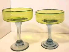 Margarita Cocktail Glasses Hand-blown Green With Blue Stem Heavy Set Of 2