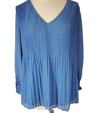 Nine West Womans Size L Blouse Pleated Blue Geometric Pattern Long Sleeve Lined