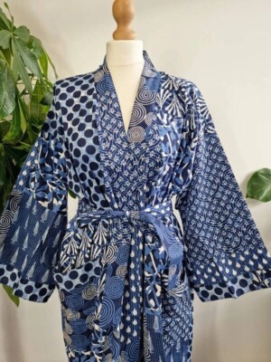 Indian Blue Patchwork Cotton Sleepwear Night Suit Kimono Robe Long Kimono Robes