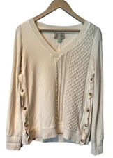 Saturday Sunday Anthropologie Cream Mixed Knit Side Button Sweater Oversize XS