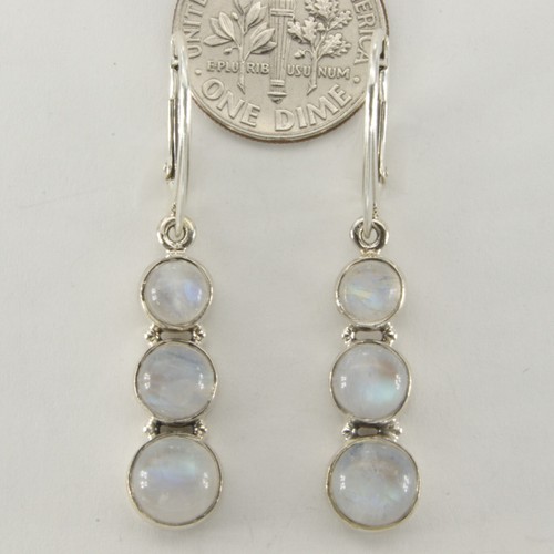 Triple Round Blue Rainbow MOONSTONE Leverback Earrings 925 STERLING SILVER #5e - Picture 9 of 13