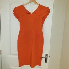 Hybrid UK16 Orange Stretchy Bodycon Frill Sleeve Knee Length Occasion Dress