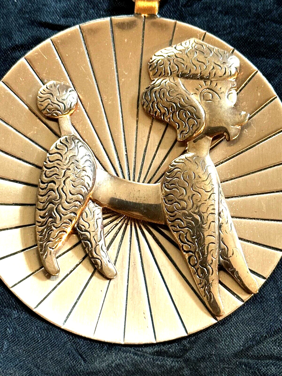 VINTAGE 50 s MODERNIST COPPER POODLE DOG PENDANT NECKLACE SIGNED