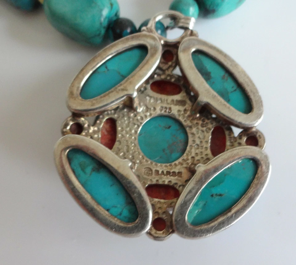 Vtg Signed Barse Sterling Silver 88g Turquoise Necklace Coral Cross Pendant 19" - Image 3 of 4