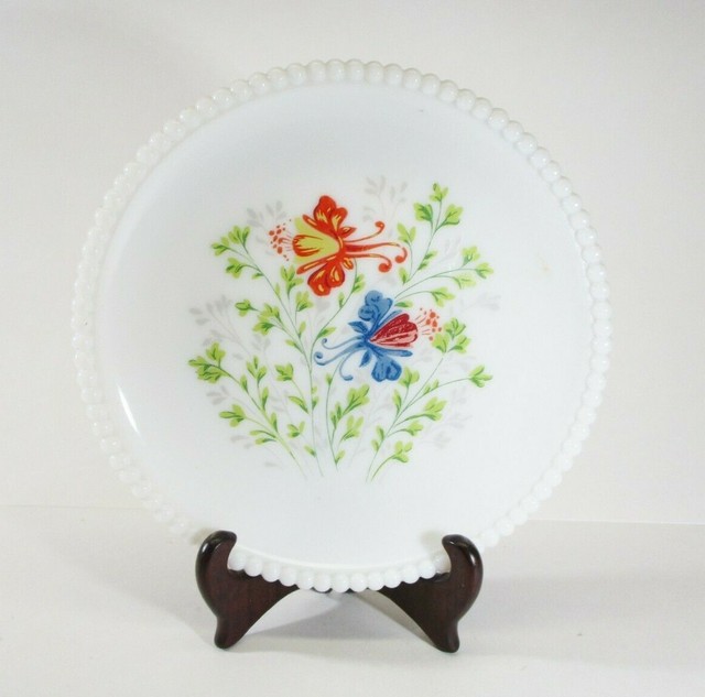 Vintage Westmoreland Milk Glass Hand Painted Beaded Plate Blue and Red