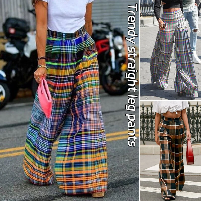 Women Wide Leg Straight Loose Plaid Print Sweatpants High Waist Pants  Trousers