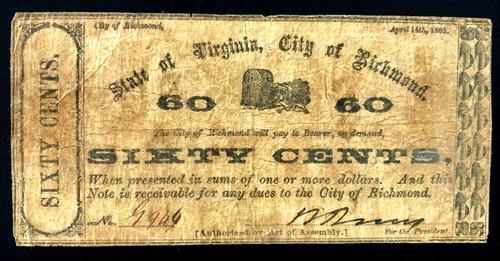 Civil War Virginia City of Richmond 60 Cent Note/Bill Apr 14, 1862 see back