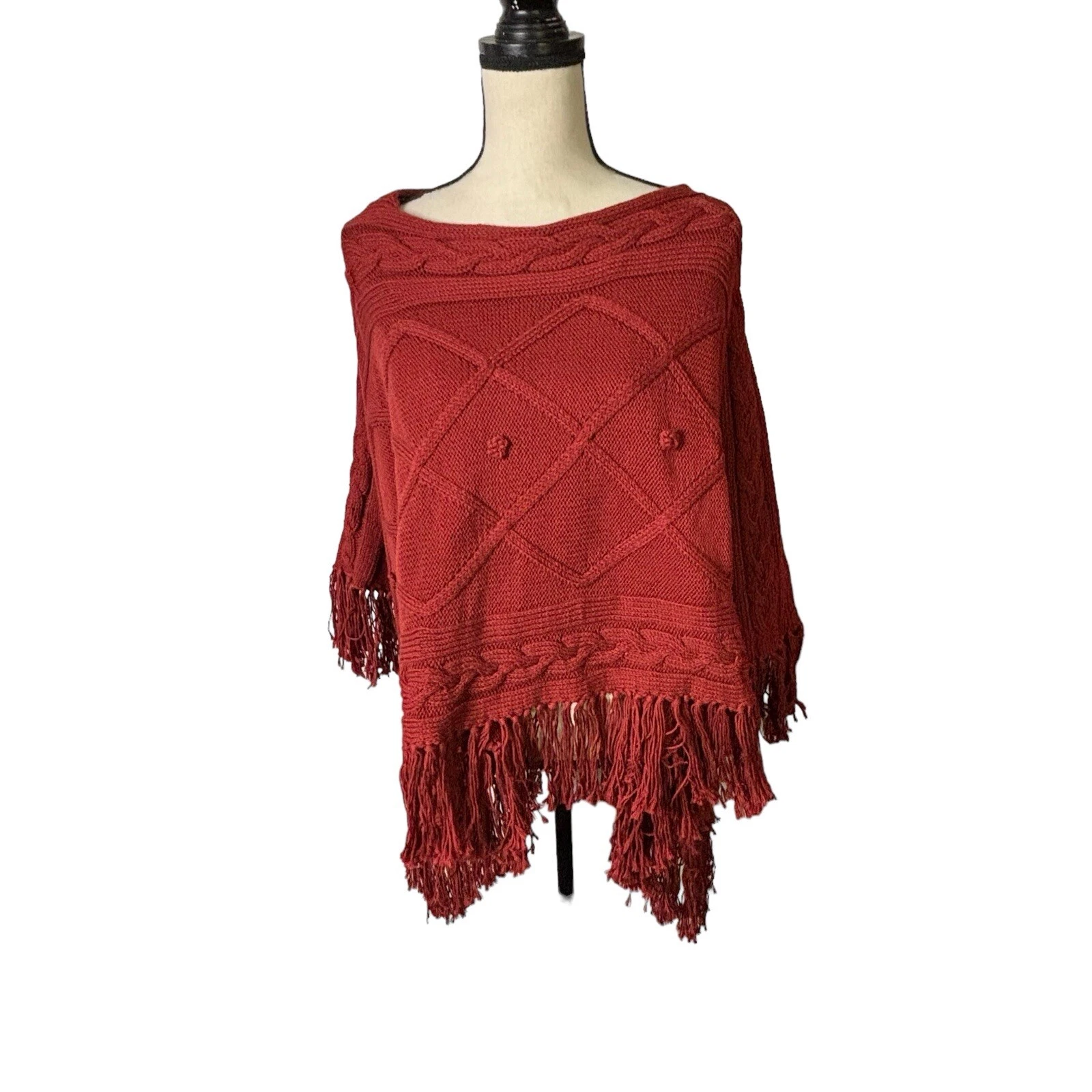 Novica Poncho Womens One Size Knit Fringe "Incredible in Claret" Short