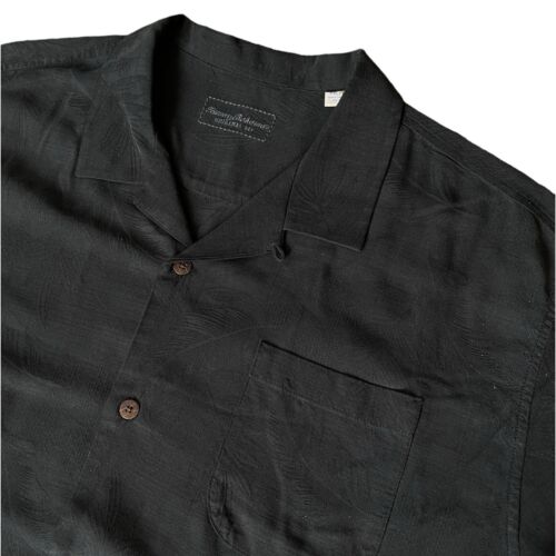 Vintage Tommy Bahama Original Fit 100% Silk Shirt Black Embossed Palm Leaf XXL