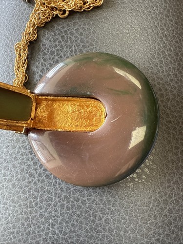 Vintage Khara Solid Perfume Compact Necklace Pendant Marbled Green 16” Neck Drop - Picture 4 of 8