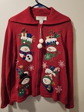 Tiara International Full Zip Ugly Christmas Sweater Snowmen Vintage Women's Sz L