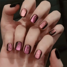 48 Pcs Pink Glitter Cat Eye Short Square Press on Nails, Vintage Cool Fake Nails