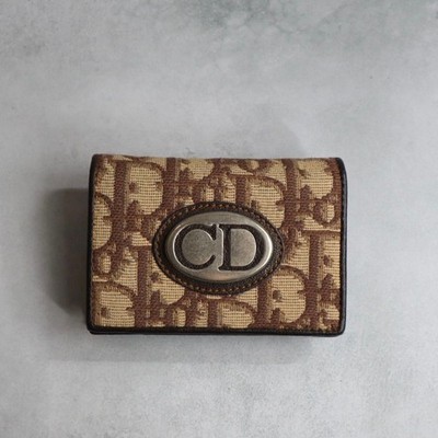Christian Dior Brown Trotter Card Holder Canvas Leather Beige Vintage