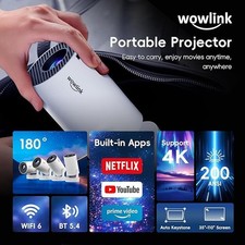 Mini Proiettore, 4K 1080P Proiettore Portatile con Zoom, Support WiFi Rotabile 360°, Video Projector TV Home Cinema per Cellulari Tablet/Laptop/PC /HDMI/USB(Nero