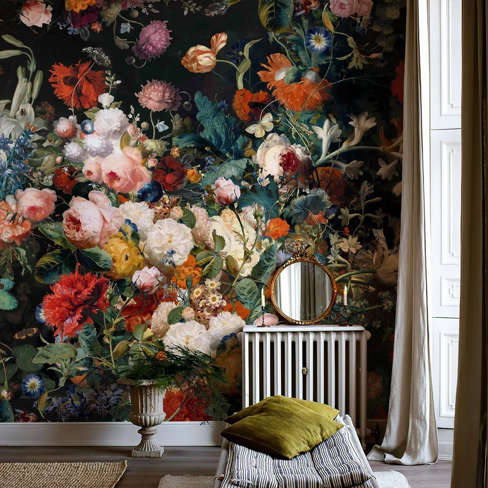 Papel tapiz floral oscuro vintage 148" de ancho x 98" de alto pelar y pegar arte decoración de habitaciones Foto 2 de 4