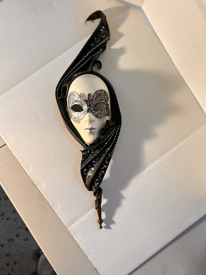 Beautiful Rare Hand Painted Masquerade Mask w Wood Handle 28x8” Full Face Mask - Image 3 of 4