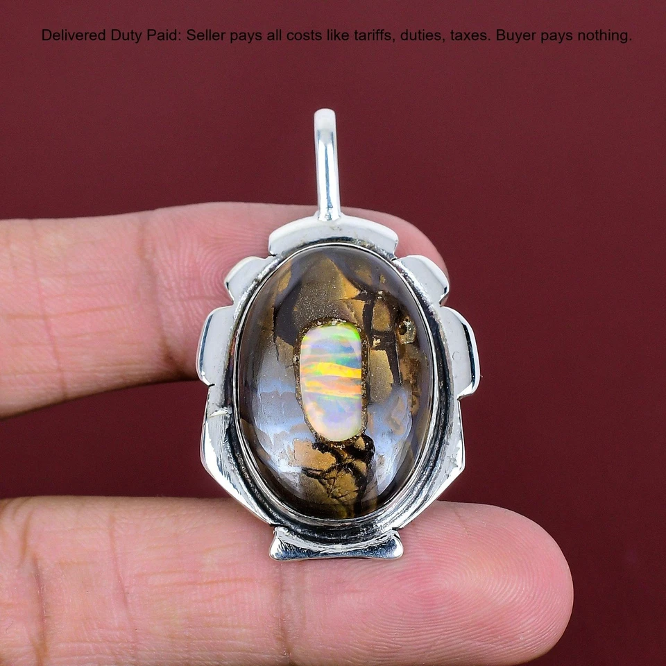 Colgante étnico con bisel de piedras preciosas de ópalo etópico de plata de ley 925 Foto 2 de 4