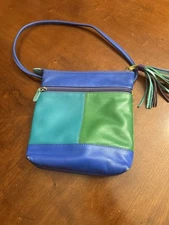 ILI New York Teal Handbag Striped Leather Shoulder Bag Purse 9”X 9”