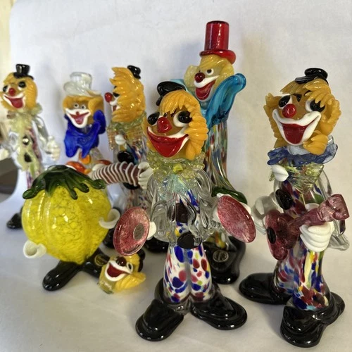 RARE Vintage Murano Art Glass Clown Venetian Hand Blown Italy 10” - 7 clowns