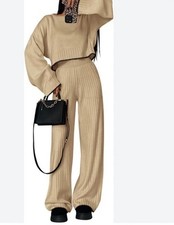 2 PC Lounge Sweater Fall Set Outfit Crop Top Wide Leg Pants Soft Oversize LG