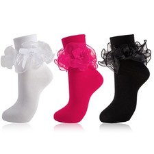 Soft Women Big Ruffle Ankle Socks Double Lace Frilly Dress Socks with Bow Cut...