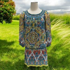 Nicole Miller Boho Peasant Tunic Dress M Smocked Waist Festival Artsy Flowy
