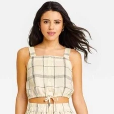 A New Day Apron Tank Windowpane Drawstring Waist Crop Size Small