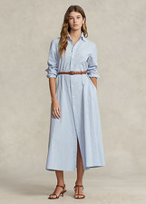 Polo Ralph Lauren Shirtdress Womens UK 12 Striped Blue Linen Cotton Button BNWT