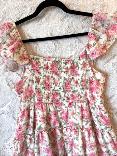 Just Me Dress Size Large Mini Floral Pink Lined Cottagecore Flutter Sleeve - Picture 13 of 17