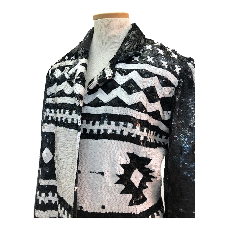 Винтажный винтажный 1980-х 80-х черно-белый блестками длинным рукавом куртка - Изображение 3 из 4