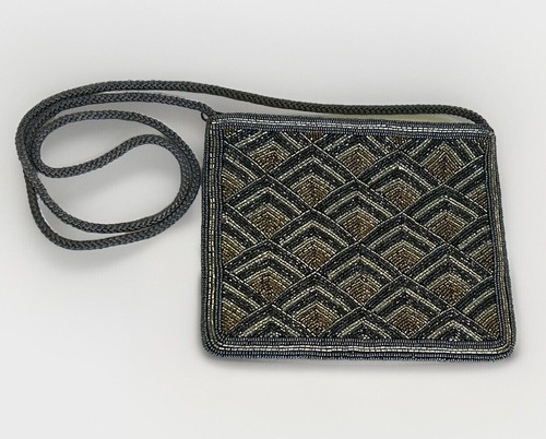 Genie Beaded Art Deco Evening bag / Purse Gold Silver Gray Pocket Zipper - Picture 2 of 8