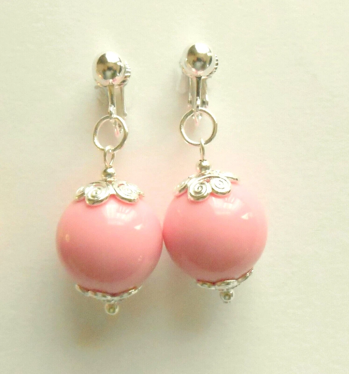 BIG FUN PINK ROUND BALL DANGLES EARRINGS SILVER PLATED CLIP ON OR HOOKS