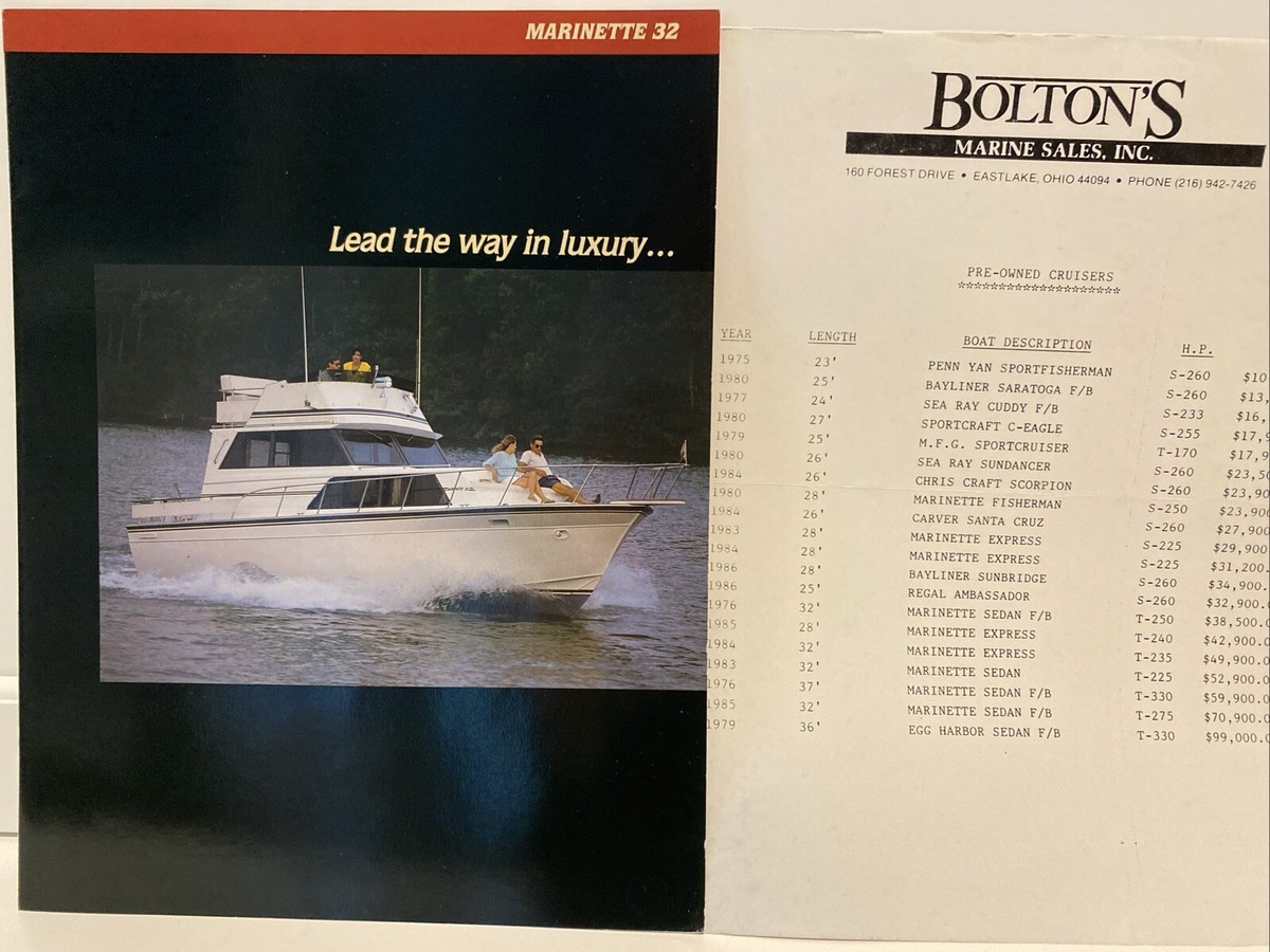 Vtg 1980s Marinette 32 Boat Brochure 3pgs 8.5