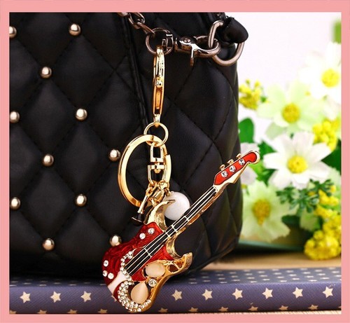 Red Guitar Music Lovers Crystal Diamante Rhinestone Bag Charms Handbag Keyring - Picture 3 of 4