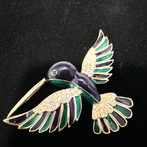 Vintage Gold Tone Large Rhinestone Blue, Green Enamel Hummingbird Brooch