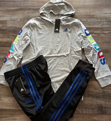 NWT Adidas Boys YLG Gray/Black/Blue L/S Hooded Jogger Pants Set Large