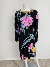 Leonard Paris Silk Jersey Dress Black W Bright Floral Print Vintage Fits M/L