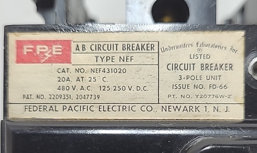 Federal Pacific Electric FPE 3p 20a 480 VAC Bolt-in Circuit Breaker NEF431020 