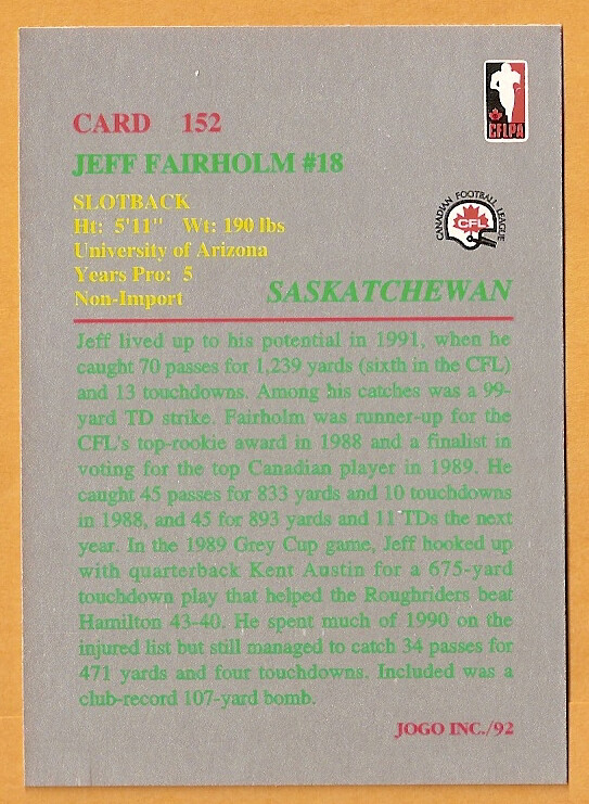 Jeff Fairholm 1992 Jogo CFL card #152 Saskatchewan Roughriders