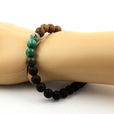 Armband Perlen Malachit Aus Kongo + Türkis Afrikanischer + Schwarz Onyx Matt +