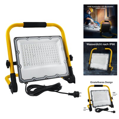 LED Construction Spotlight 100 W with 4 m Cable, IP66 Waterproof LED Work Lig...